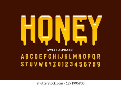 Liquid sweet honey font, alphabet letters and numbers vector illustration