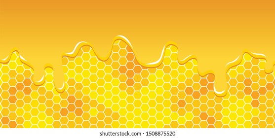 liquid, syrup bee hive honey. Yellow, orange beehive raster background plate. Honeycomb, bees cells pattern. Vector dripping or drips banner. Texture, hexagon, hexagonal, seamless raster, mosaic cell.