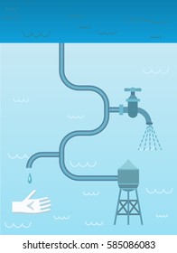 Liquid system concept with water tank plumbing pipes and faucet on blue background vector illustration 
