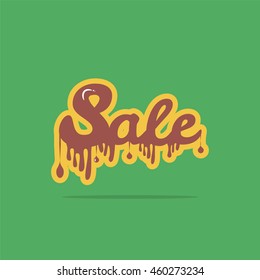 Liquid text. Brown lettering. Sale banner. Green background