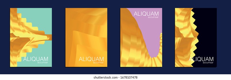 Liquid Texture for Foil Label. Vintage Cosmic Design. Set of Vector Backgrounds for Business Flyers. Fluid Minimal Cover. 1990 Paper Gradient Backdrop. Luxury Abstract Brochure. Metallic Gold Yellow