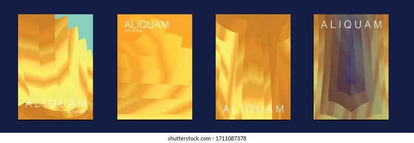 Liquid Texture for Foil Label. Vintage Cosmic Design. 1990 Paper Gradient Backdrop. Luxury Abstract Brochure. Set of Vector Backgrounds for Business Flyers. Metallic Gold Yellow Fluid Minimal Cover.
