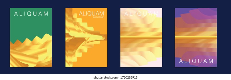 Liquid Texture for Foil Label. Vintage Cosmic Design. Fluid Minimal Cover. Set of Vector Backgrounds for Business Flyers. Metallic Gold Yellow 1990 Paper Gradient Backdrop. Luxury Abstract Brochure.