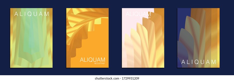 Liquid Texture for Foil Label. Vintage Cosmic Design. 1990 Paper Gradient Backdrop. Luxury Abstract Brochure. Metallic Gold Yellow Fluid Minimal Cover. Set of Vector Backgrounds for Business Flyers.