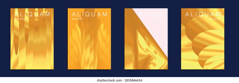 Liquid Texture for Foil Label. Vintage Cosmic Design. Fluid Minimal Cover. Set of Vector Backgrounds for Business Flyers. Metallic Gold Yellow 1990 Paper Gradient Backdrop. Luxury Abstract Brochure.