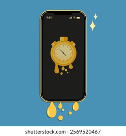 Liquid time concept. Phone is melting. How much time people spend on their phone. Clock, time. Time melting. Vector illustration.