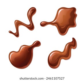 Liquid toffee caramel or hot milk chocolate splash and drops. Realistic 3d vector illustration set of sweet brown dessert sauce or syrup droplet. Sugary choco creamy confection spilled droplets.