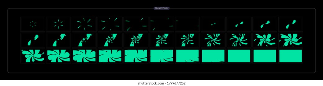 Flüssigkeitsübergangswirkung. Flüssig-FX Sprite Sheet für Spiele, Cartoon oder Animation und Motion Design. Farbiges Wasser spritzt. eps10 Vektorgrafik.