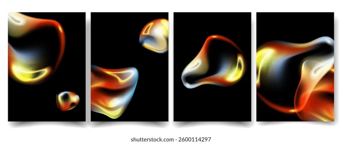 Liquid transparent bubbles shapes with reflections Posters, banners, covers templates set.3D Organic Blobs for digital art, wallpapers,posters,branding,contemporary design projects.Vector illustration