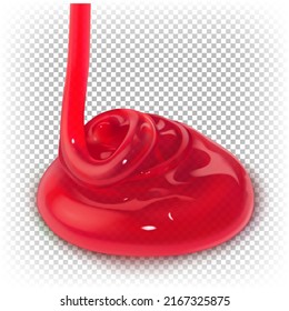 Liquid transparent red berry jam flowing to the surface. Vector realistic 3d illustration isolated on white background.