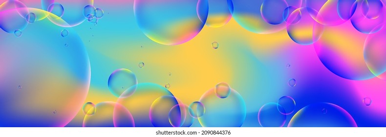 Liquid trendy background. Neon bright banner with transparent bubbles for website, landing page, social media. Stock vector illustration.