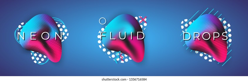 Liquid trendy fluid shapes. Vector elements set. Neon vibrant drops with geometric figures and patterns. 