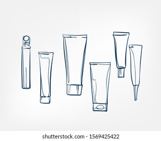 liquid tube cosmetics jars line art sketch outline isolated design element cosmetics vector