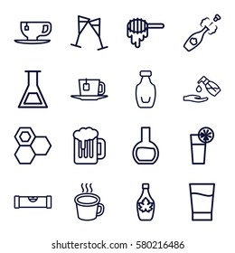 liquid vector icons. Set of 16 liquid outline icons such as honey, level ruler, liquid soap, maple syrup, tea cup, bottle, cup, wine glass, cocktail, champagne, drink, tea