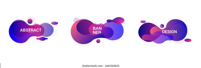 Liquid Vector Shapes Set. Minimal Techno Gradient Overlay, Button Template. Bright Organic Banner. Liquid Shapes Layout. Geometric Fluid Frame Summer Tropical Splashes. Fluid Wavy Dynamic Background.