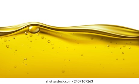 Fondo de oleaje de aceite vegetal líquido. Motor de aceite amarillo con gotas, sección transversal vectorial 3d realista de sustancia oleosa vibrante, de color dorado orgánico, miel, jarabe, gasolina con burbujas o goteo