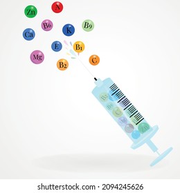 liquid vitamins and minerals in a syringe. Vector flat illustration of the restoration and strengthening of immunity. Medicine and health