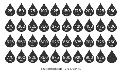 Lautstärkesymbole eingestellt. Setzen Sie die Beschriftungen der ml-Messsymbole ab. Flüssigkeitsindikator-Grafiksatz. Getränke Verpackung Volumen Indikator Grafiken von 25 bis 1000 ml. Flaschenwasserkapazität ml Elemente