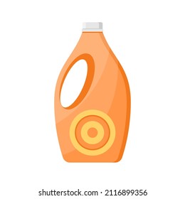 Liquid washing conditioner in orange plastic container bottle with handle and lid vector flat illustration. Powder laundry detergent package for housekeeping cleaning or clothes whitening isolated