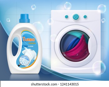 Liquid washing powder. Packaging with laundry detergent. Washing machine with linen. Vector illustration.