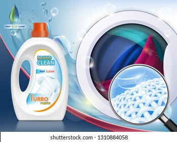 Liquid washing powder. Packaging with laundry detergent. Washing machine. Vector illustration.