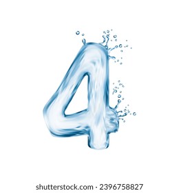 Liquid water number four with splash bubbles, transparent type font, aqua typeface, wet english digit. Isolated realistic vector fluid lifelike 4 numeral sign capture the essence of water dynamic flow