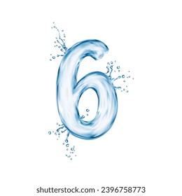 Liquid water number six with splash bubbles, transparent type font, aqua typeface, wet english digit. Isolated realistic vector 6 numeric sign flows with fluid elegance, capturing the essence of water