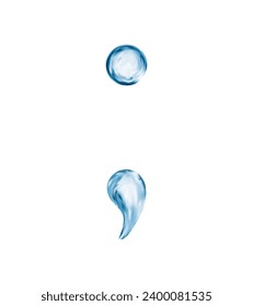 liquid water semicolon sign with splash bubbles, transparent type font, aqua typeface, wet punctuation symbol with aquatic artistry. Isolated 3d vector flowing character, embodying dynamic energy