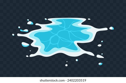 Liquid water splash. Blue wet puddle from rain. Sticker or icon with falling aqua drops or spreading water flow. Ocean or sea wave. Cartoon flat vector illustration isolated on transparent background