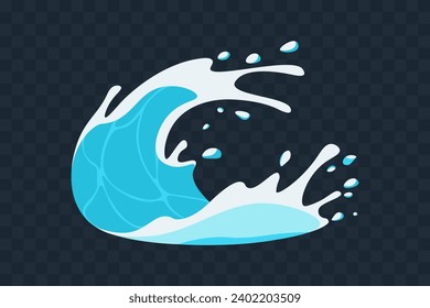 Liquid water splash. Colorful icon with blue ocean or sea wave with foam. Sticker with spreading aqua or drop. Design for print. Cartoon flat vector illustration isolated on transparent background