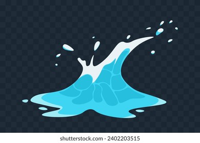Liquid water splash. Colorful icon or sticker of blue spilling liquid, aqua flow or ocean wave. Wet drops. Design for packaging. Cartoon flat vector illustration isolated on transparent background