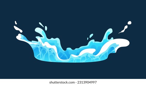 Concepto de salpicadura de agua líquida. Gotas de agua y H2O. Mar y océano, río y lago. Símbolo de pureza y frescura. Plantilla y burla. Dibujo vectorial plano de dibujos animados aislado en fondo oscuro