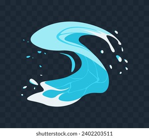 Liquid water splash. Sticker with curved water flow or blue aqua drop. Whirlpool or ocean wave. Design element for advertising. Cartoon flat vector illustration isolated on transparent background