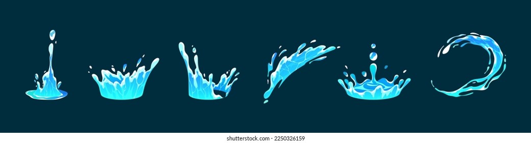 Liquid water splashes, falling aqua drops, sea or ocean waves and swirl. Blue water motion effects, flows, streams, spills and crown shape isolated on background, vector cartoon set - Shutterstock ID 2250326159