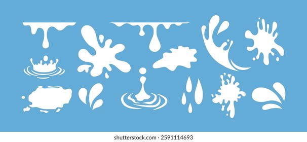 Liquid water splashes, falling aqua drops, sea or ocean waves and swirl. Blue water motion effects, flows, streams, spills and crown shape isolated on background, vector cartoon set