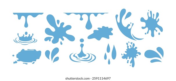 Liquid water splashes, falling aqua drops, sea or ocean waves and swirl. Blue water motion effects, flows, streams, spills and crown shape isolated on background, vector cartoon set