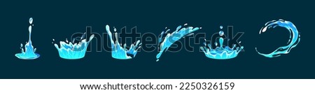 Liquid water splashes, falling aqua drops, sea or ocean waves and swirl. Blue water motion effects, flows, streams, spills and crown shape isolated on background, vector cartoon set