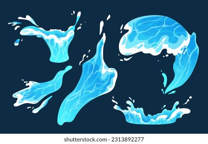 Liquid water splashes set concept. Aqua and water. Design elements for creating animations. Waves and flow. Sea and ocean. Cartoon flat vector collection isolated on blue background