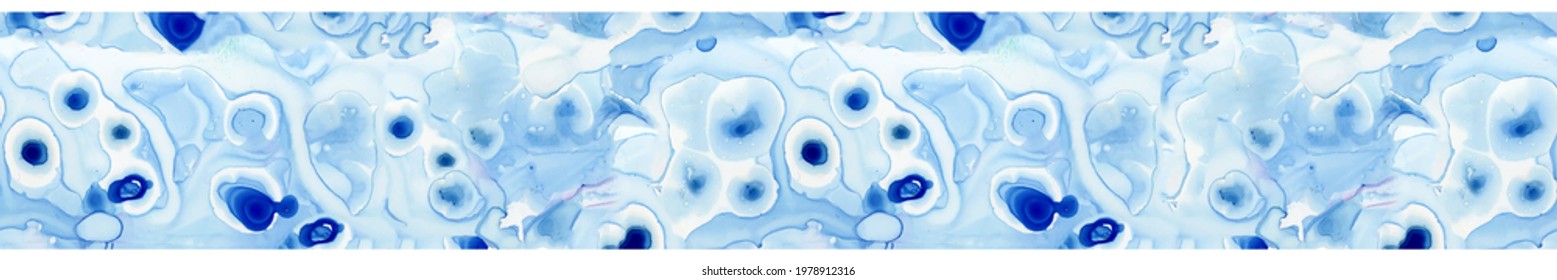 Liquid watercolor and ink abstract blue marbled organic texture evoking water cells. Horizontal repeat vector border.