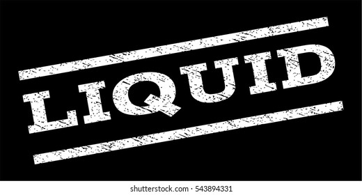 Liquid watermark stamp. Text caption between parallel lines with grunge design style. Rubber seal stamp with unclean texture. Vector white color ink imprint on a black background.