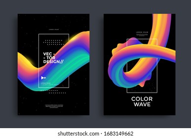 Liquid wave backgrounds for flyer, cover, brochure. Modern poster layout with gradient 3d shapes. Colorful wavy form composition for flyer. Dynamic colored posters with flow art shapes. Vector templat