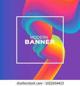 Liquid Wave Poster. Colorful Smoke Shapes with Square frame. Space for text. Abstract Colorful Dynamic Effect on violet. Modern Template Banner.