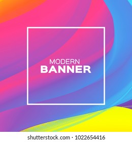 Liquid Wave Poster. Colorful Smoke Shapes with Square frame. Space for text. Abstract Colorful Dynamic Effect on violet. Modern Template Banner.