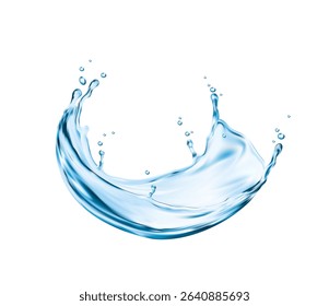 Liquid wave splash of transparent blue water swirl, realistic vector. Water or soda drink swirl with isolated flow wave, sparkling water splatter background