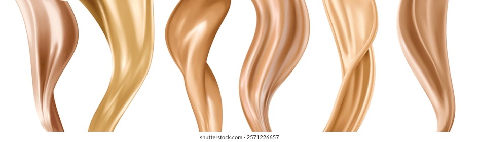 Liquid waves of beige and brown cosmetic foundation. Realistic 3d vector flow splashes of beauty and makeup products, pouring concealer splatters showcasing smoothness and diversity of skin tones