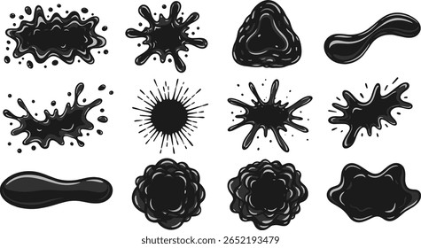 Formas onduladas líquidas definidas, coleta de respingos com borda ondulada fluida irregular. Mancha de tinta, borrão, poça de chuva, mancha com gotas, bolhas. Elementos de design gráfico de água, planos de fundo de texto em preto.