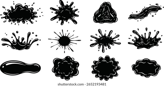 Formas onduladas líquidas definidas, coleta de respingos com borda ondulada fluida irregular. Mancha de tinta, borrão, poça de chuva, mancha com gotas, bolhas. Elementos de design gráfico de água, planos de fundo de texto em preto.