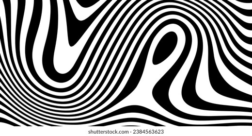 Liquid white black lines background. Abstract monochrome soft waves. Psychedelic illusion. Geometric, optical, animal design. Retro style 60s, 70s, 90s. Zebra design.