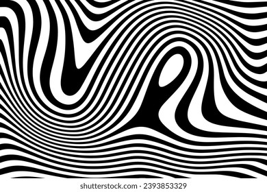 Liquid white black lines background. Abstract monochrome soft waves. Psychedelic illusion. Geometric, optical, animal design. Retro style 60s, 70s, 90s. Zebra design.