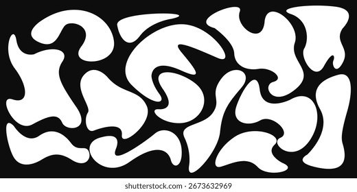 Liquid white organic blob shapes collection set. Random blob design element on black background. Vector illustration